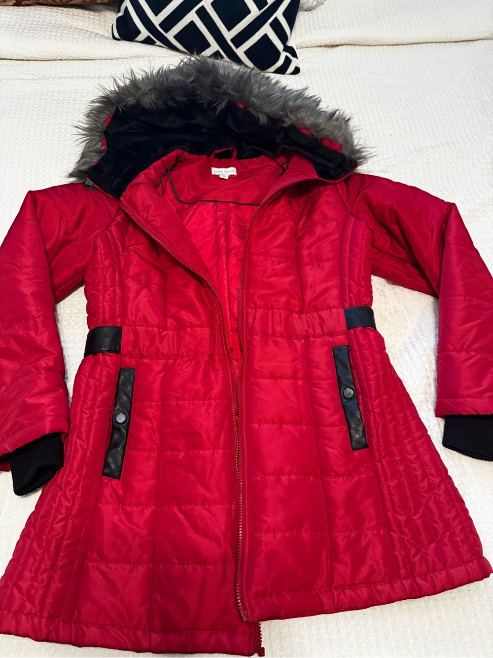 Susan Graver QVC Red Quilted Puffer Coat Faux Leather Trim Fur Hood - Size Small